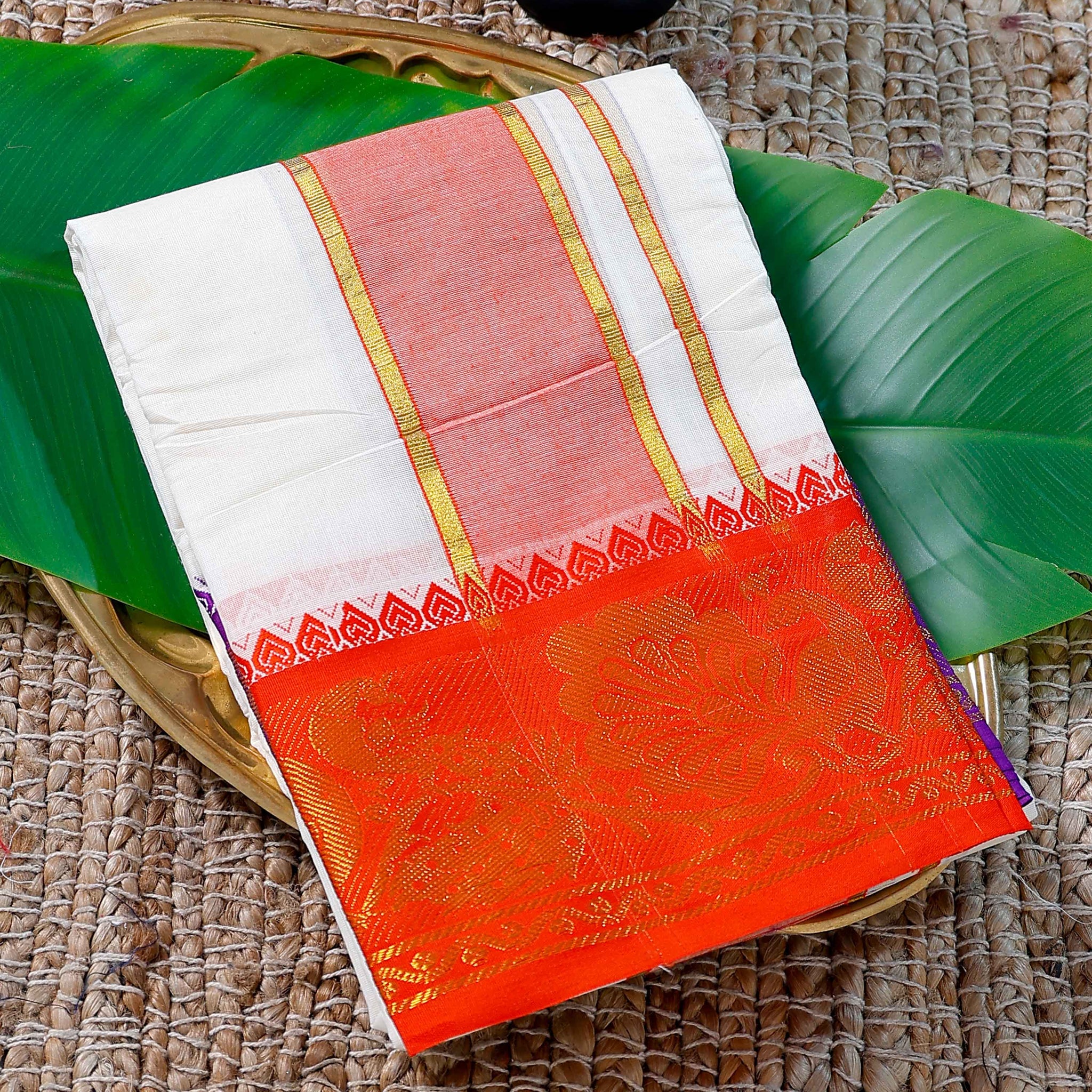 Men’s Cotton Dhoti with Orange Colour Border - White