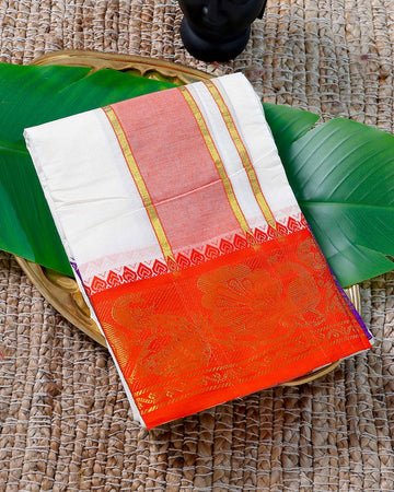 Men’s Cotton Dhoti with Orange Colour Border - White