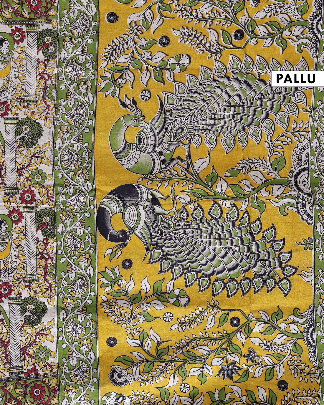 Traditional Kalamkari Cotton Saree with Traditional Floral & Avian Motifs - Sandal