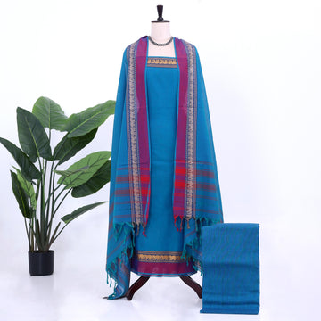 Blue Cotton Unstitched Salwar Material for Women | Ethnic Summer Collection | Jeyachandran - Full View