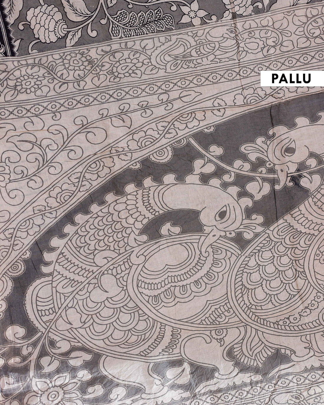 Traditional Handloom Kalamkari Cotton Saree with Intricate Floral and Avian Motifs - Grey
