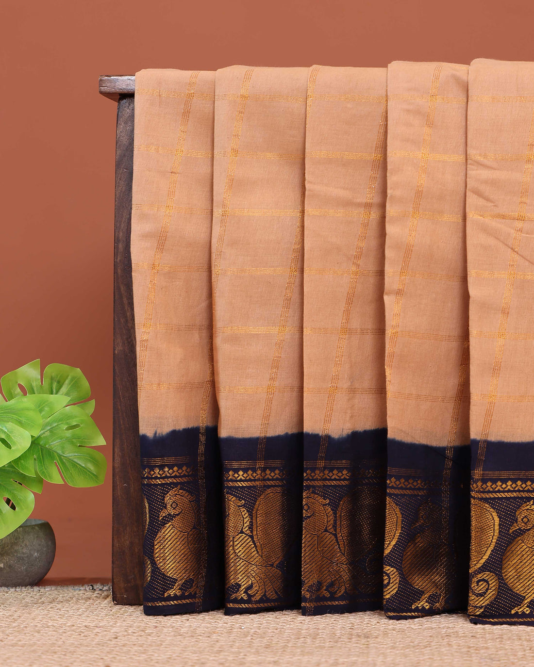 Traditional Sungudi Cotton Saree with Bold Checked Pattern and Intricate Peacock Zari Border - Sandal