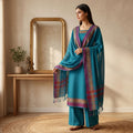 Womens Ethnic Unstitched Salwar Material With Elephant Zari Border Blue Color And Purple Border Dupatta Front View