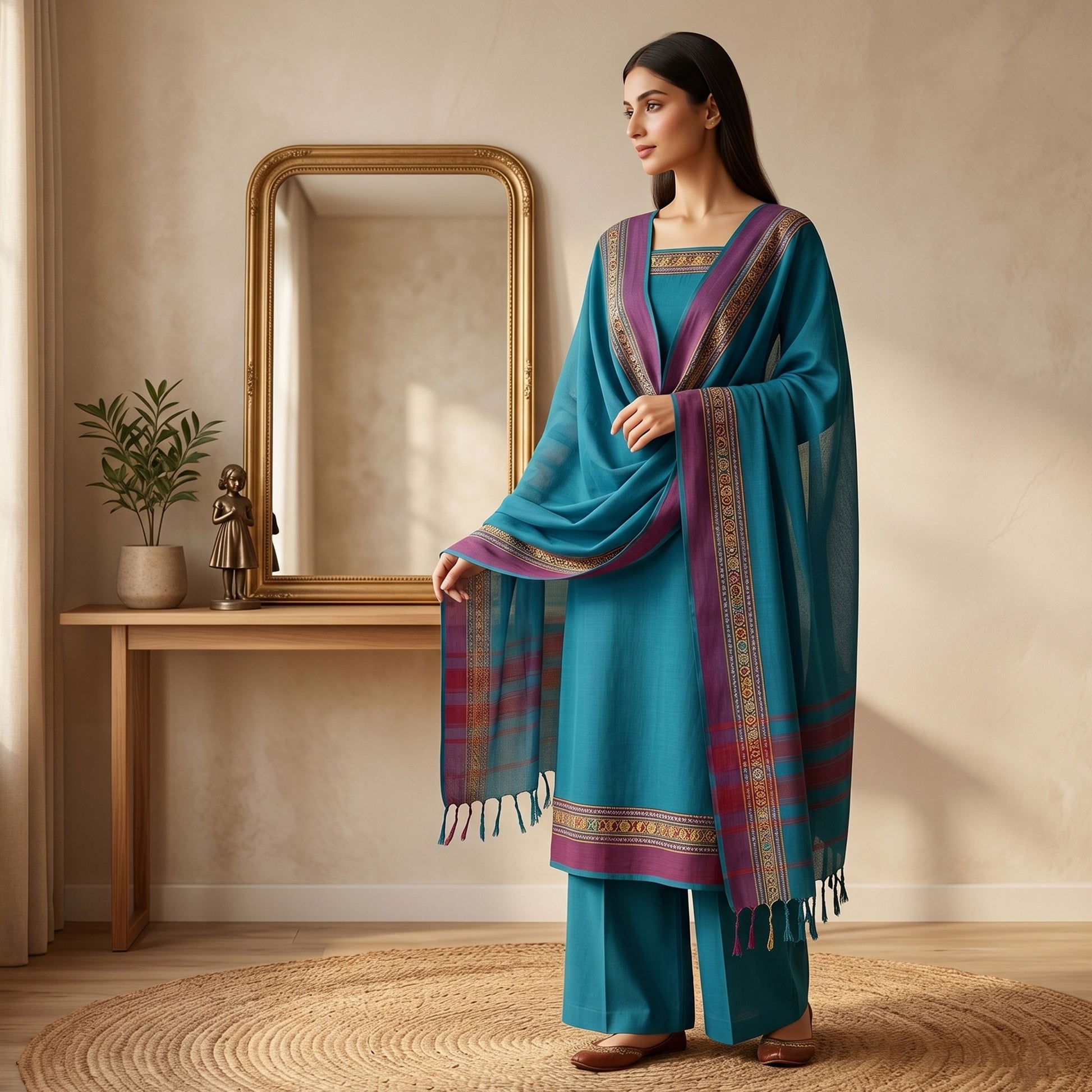 Womens Ethnic Unstitched Salwar Material With Elephant Zari Border Blue Color And Purple Border Dupatta Front View