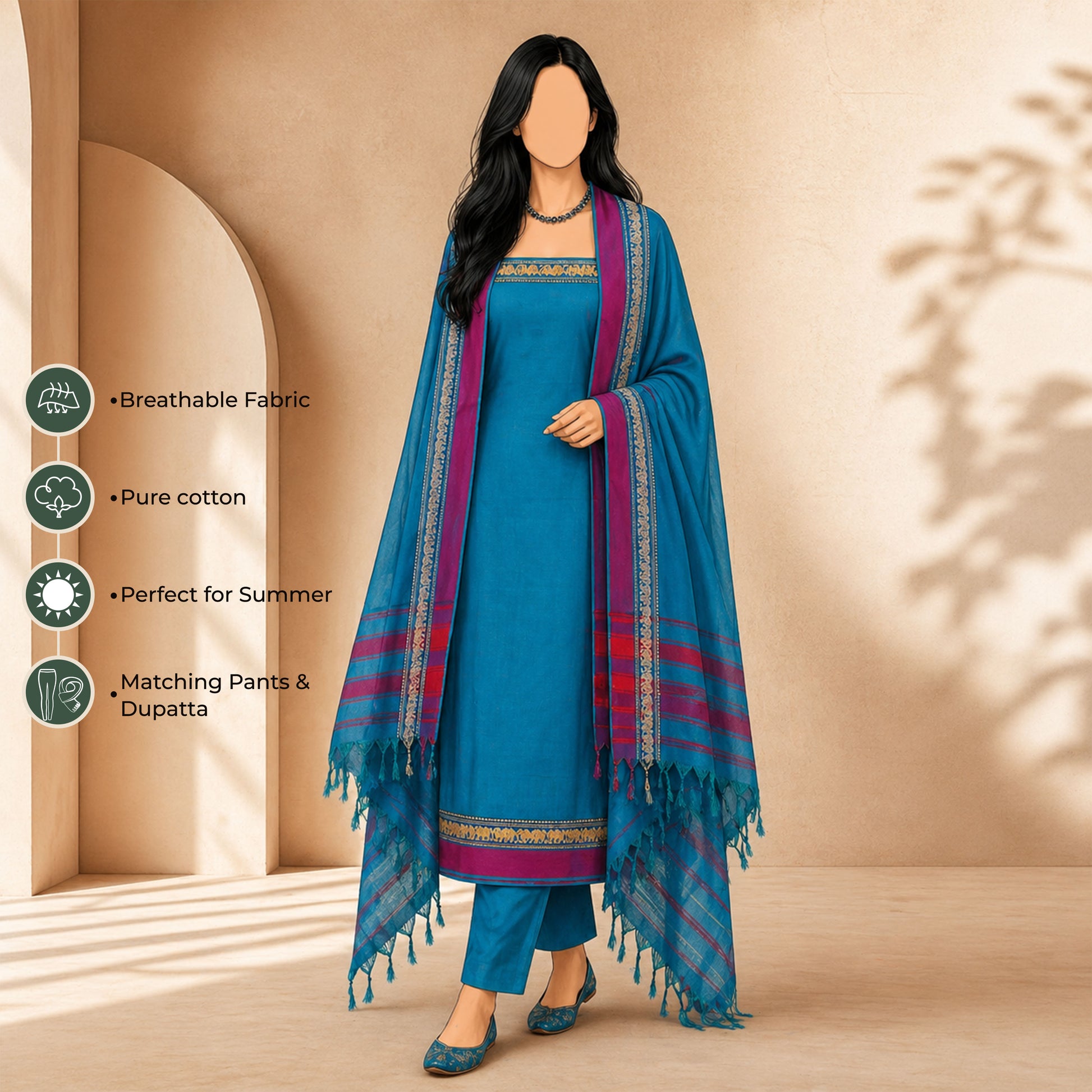 Women's Pure Cotton Salwar Material In Blue With Matching Pants And Dupatta - Front View