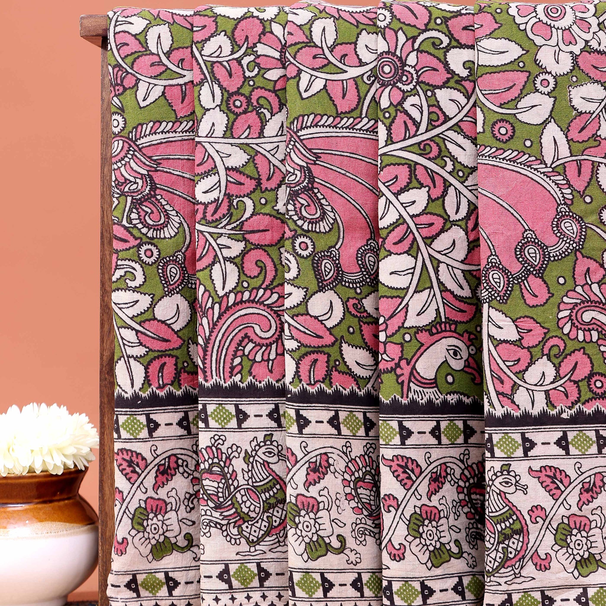 Traditional Hand-Painted Kalamkari Cotton Saree with Peacock and Floral Motifs - Green