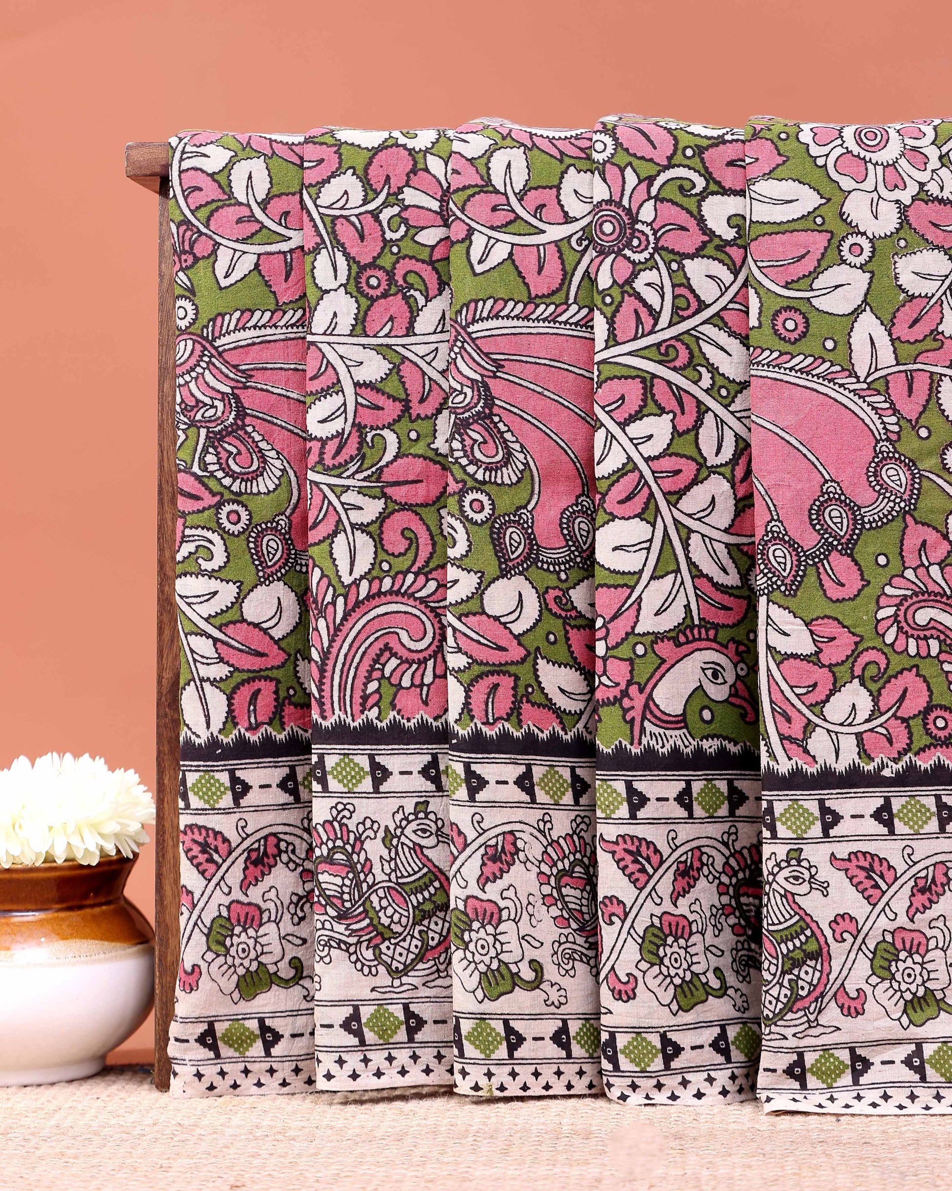 Traditional Hand-Painted Kalamkari Cotton Saree with Peacock and Floral Motifs - Green