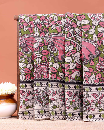 Traditional Hand-Painted Kalamkari Cotton Saree with Peacock and Floral Motifs - Green