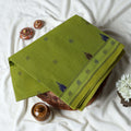 Bengal Cotton Saree With Traditional Woven Motifs And Contrast Border In  Olive Green Folded Front View
