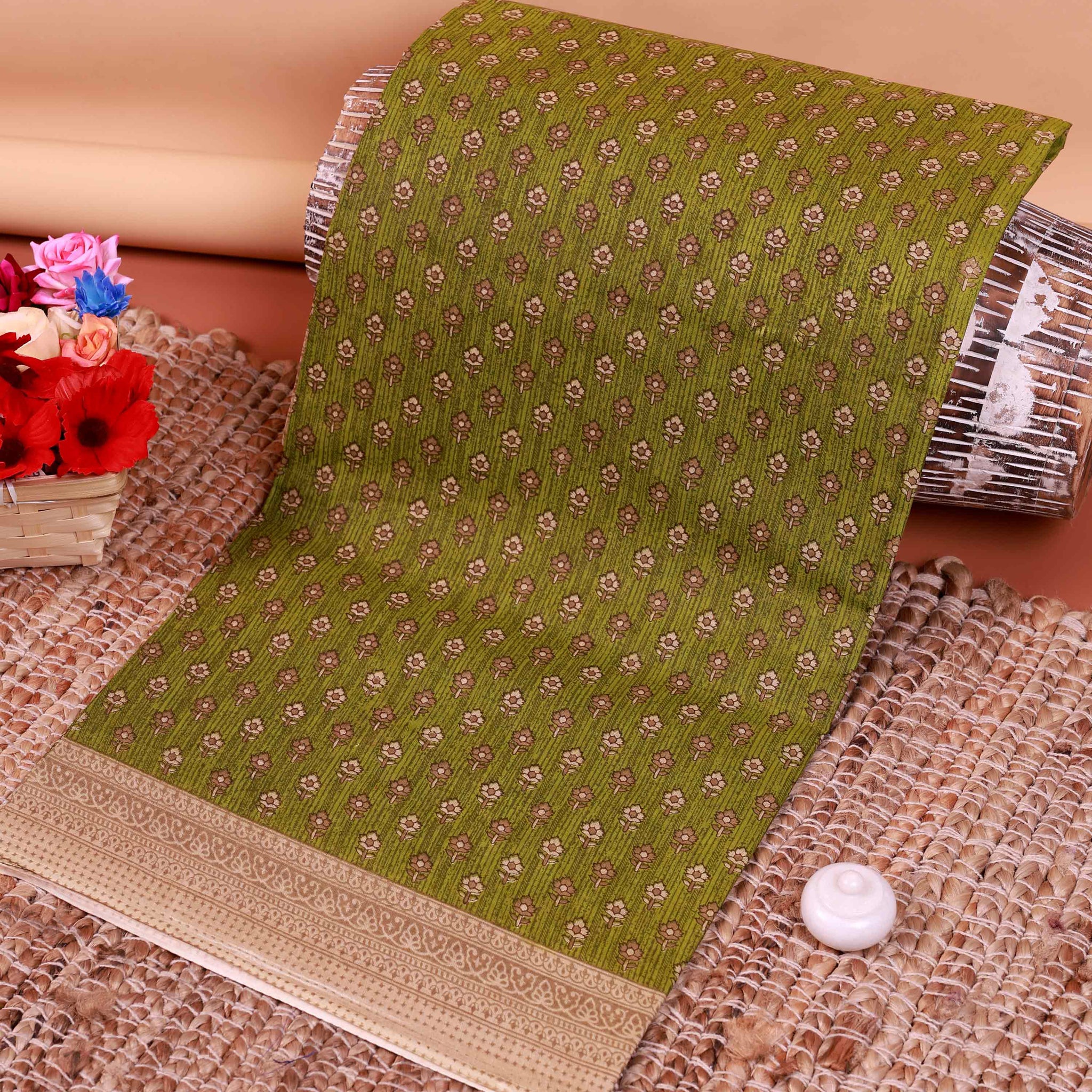 All-Over Floral Printed Voile Saree with Intricate Contrast Border – Green