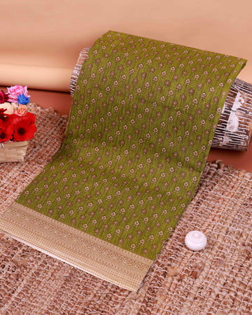 All-Over Floral Printed Voile Saree with Intricate Contrast Border – Green