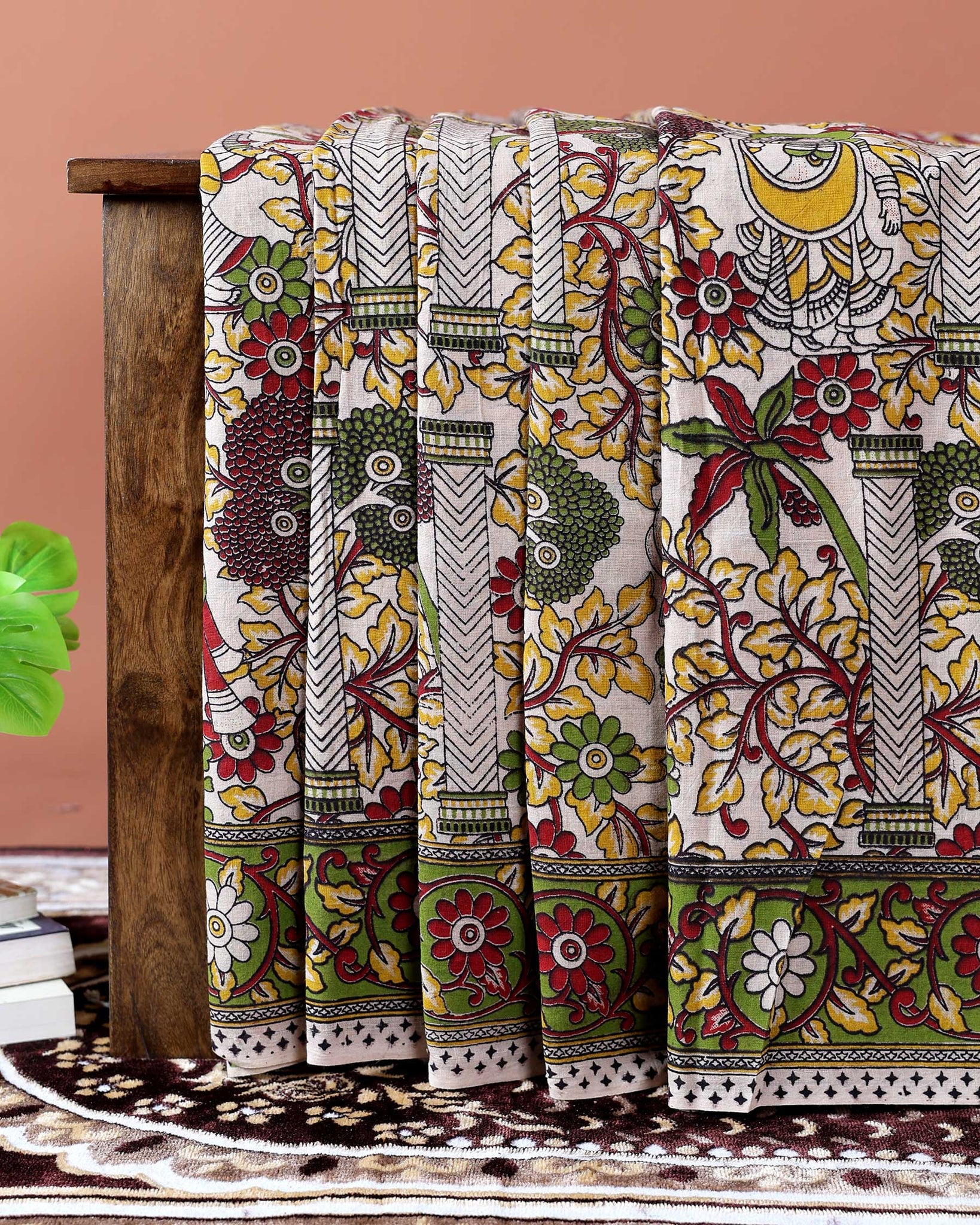 Traditional Kalamkari Cotton Saree with Traditional Floral & Avian Motifs - Sandal