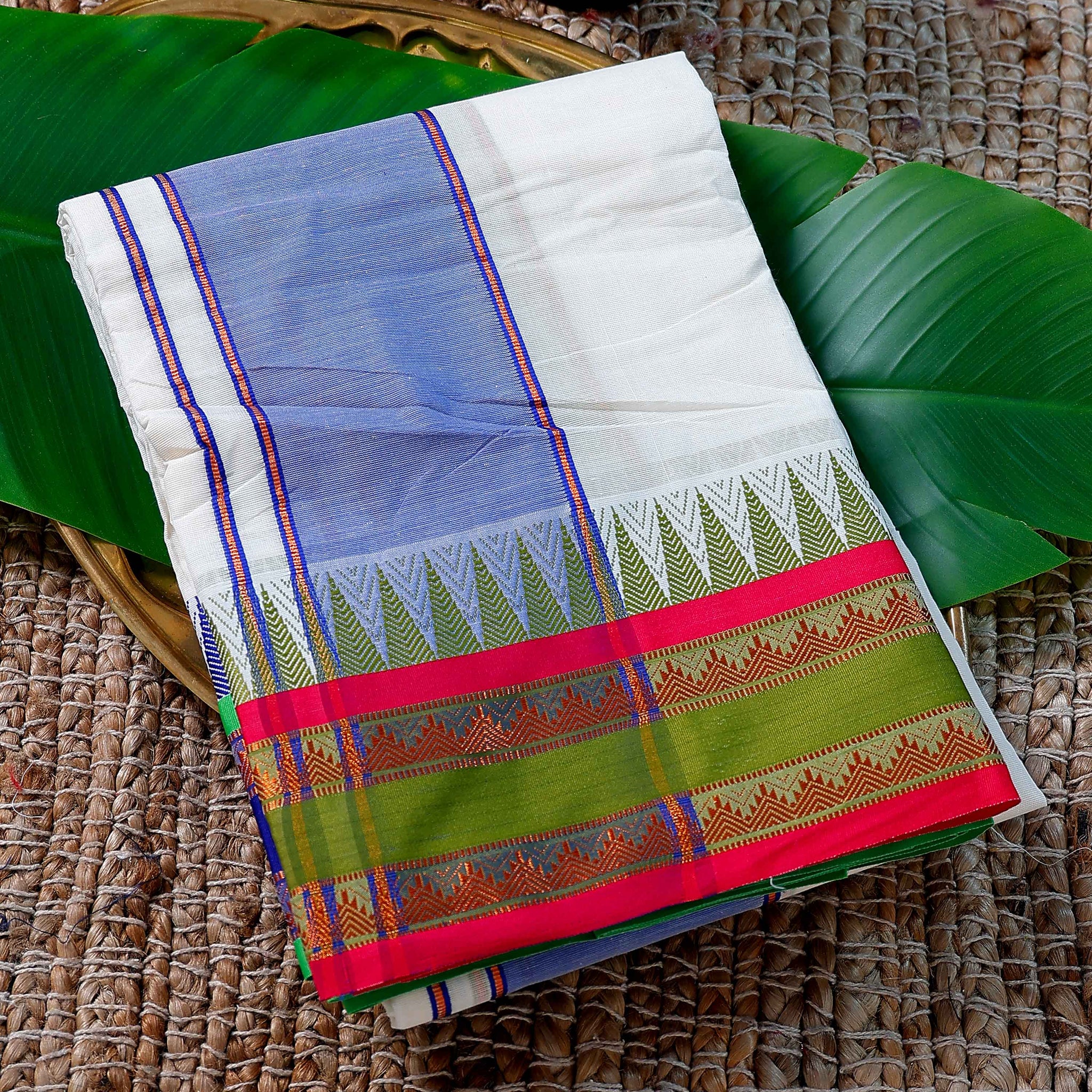 Men’s Cotton Dhoti with Multi Colour Border - White