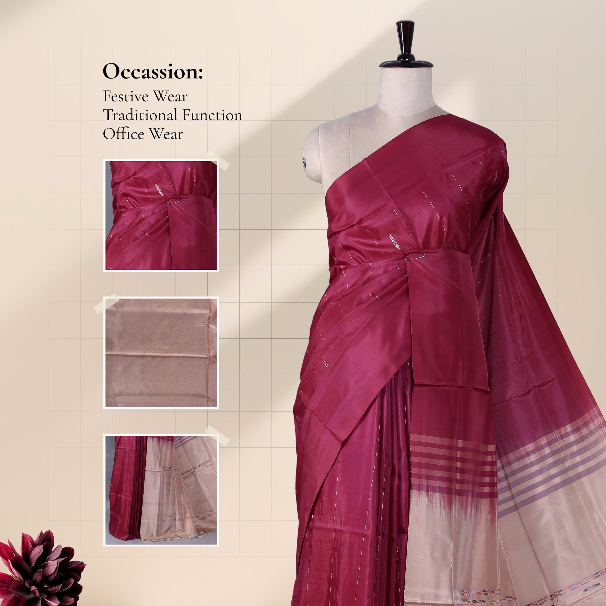 Maroon Banana Pith Saree with Dotted Pattern Contrast Beige Pallu 