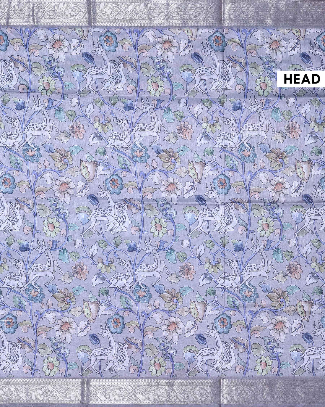 Elegant Dola Silk Saree with All Over Floral Vine Print and Traditional Deer Motif Woven Border - Grey