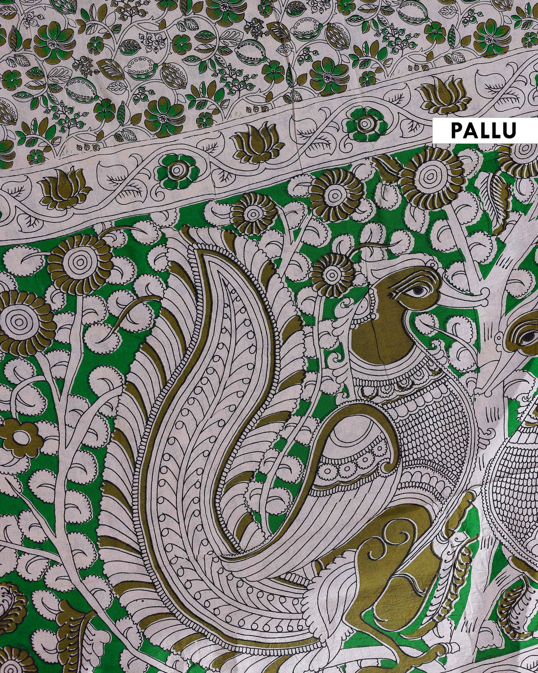 Traditional Handloom Kalamkari Cotton Saree with Intricate Floral and Avian Motifs - Green