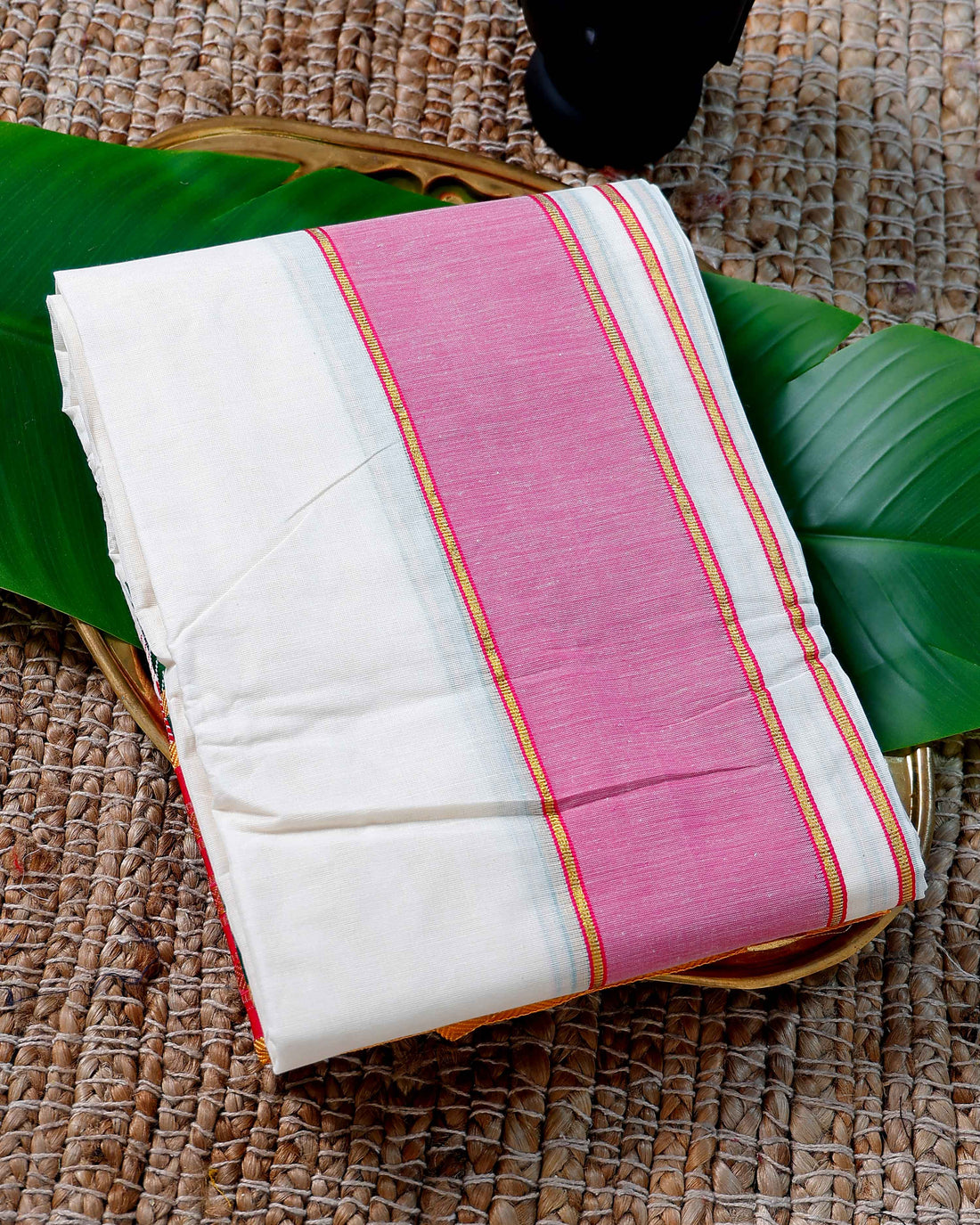 Men’s Cotton Dhoti with Pink Colour Border - White