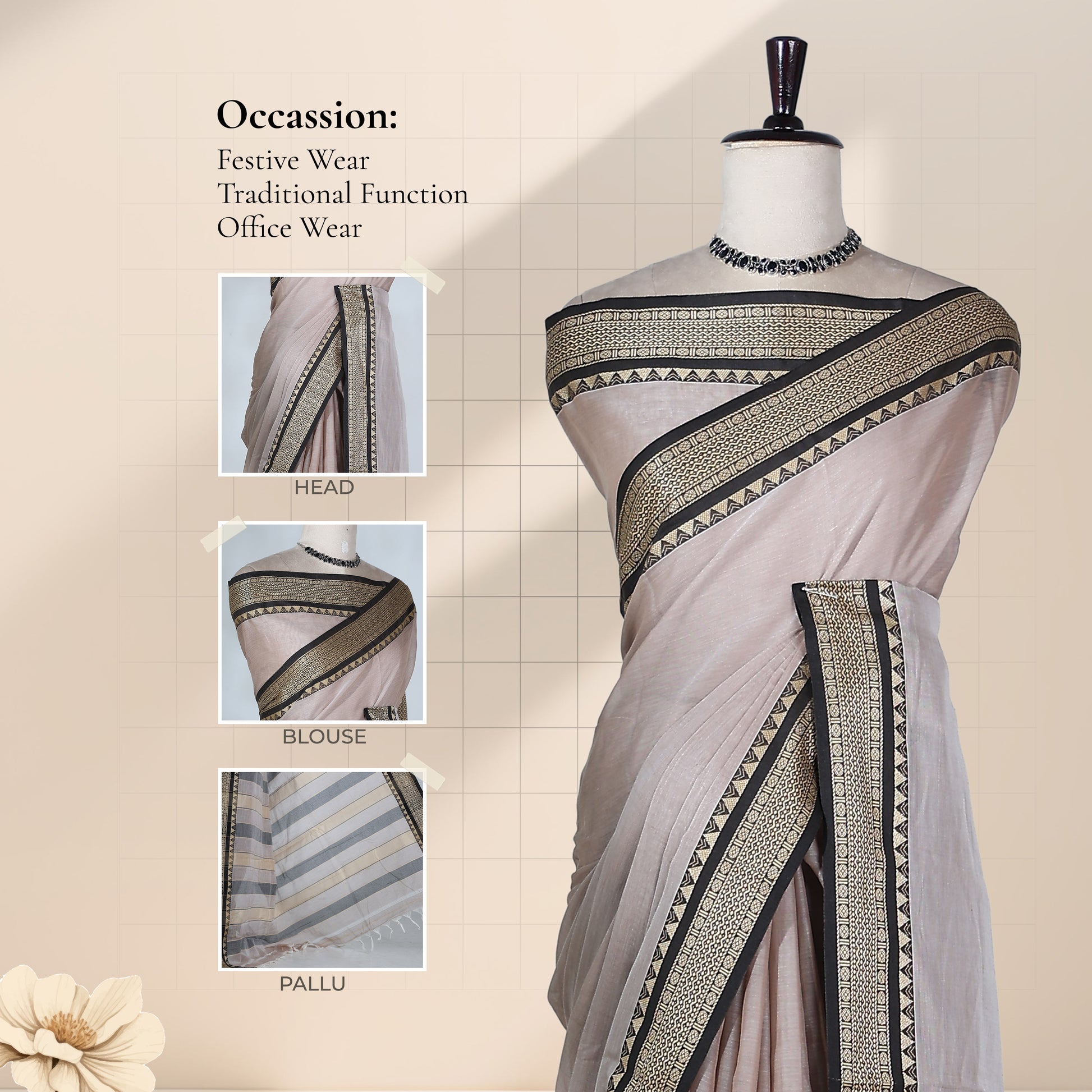 Grey Mangalagiri Cotton Saree With Traditional Woven Border And Striped Pallu-Front View 