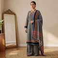 Womens Ethnic Unstitched Salwar Material With Elephant Zari Border Grey Color And Blue Border Dupatta Front View