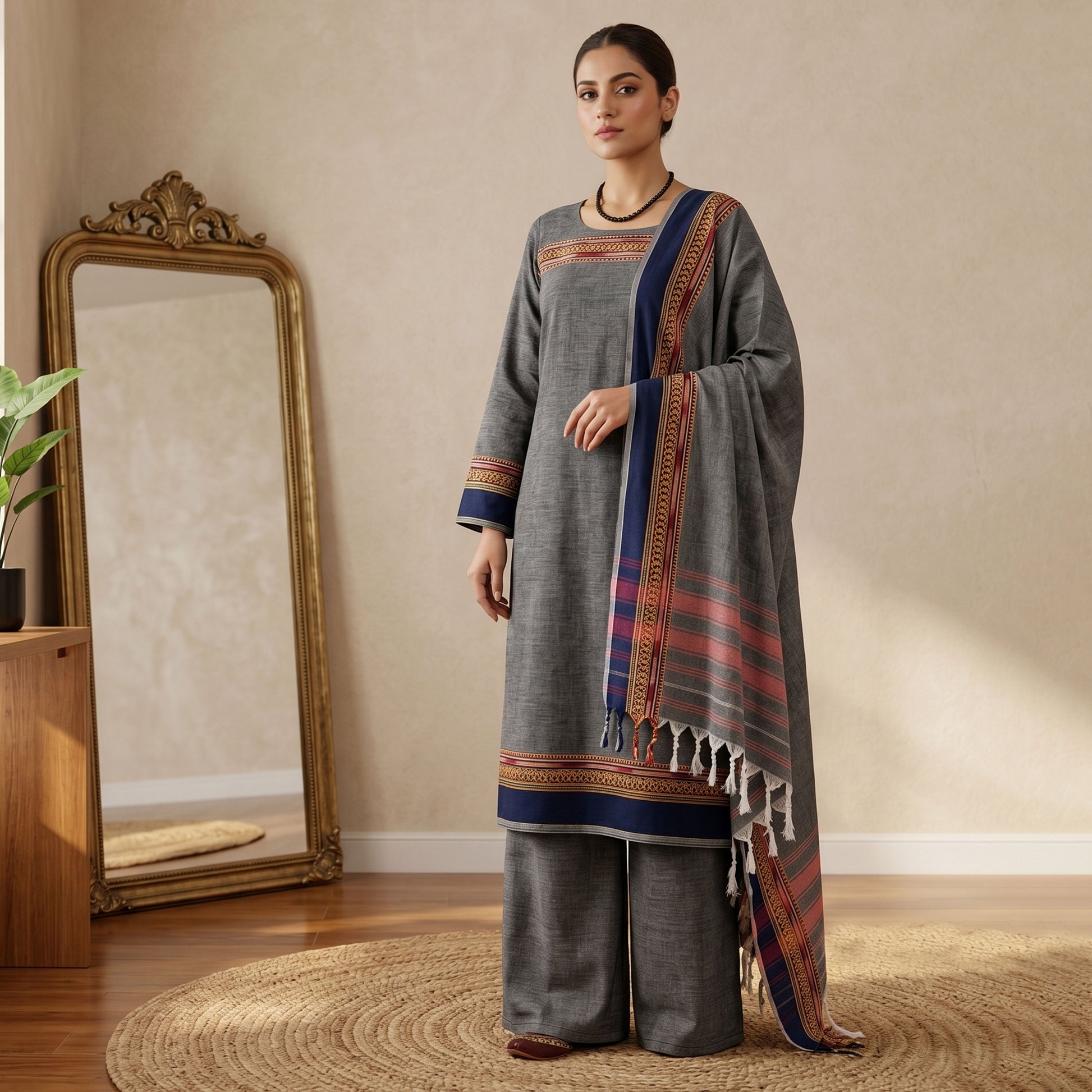 Womens Ethnic Unstitched Salwar Material With Elephant Zari Border Grey Color And Blue Border Dupatta Front View