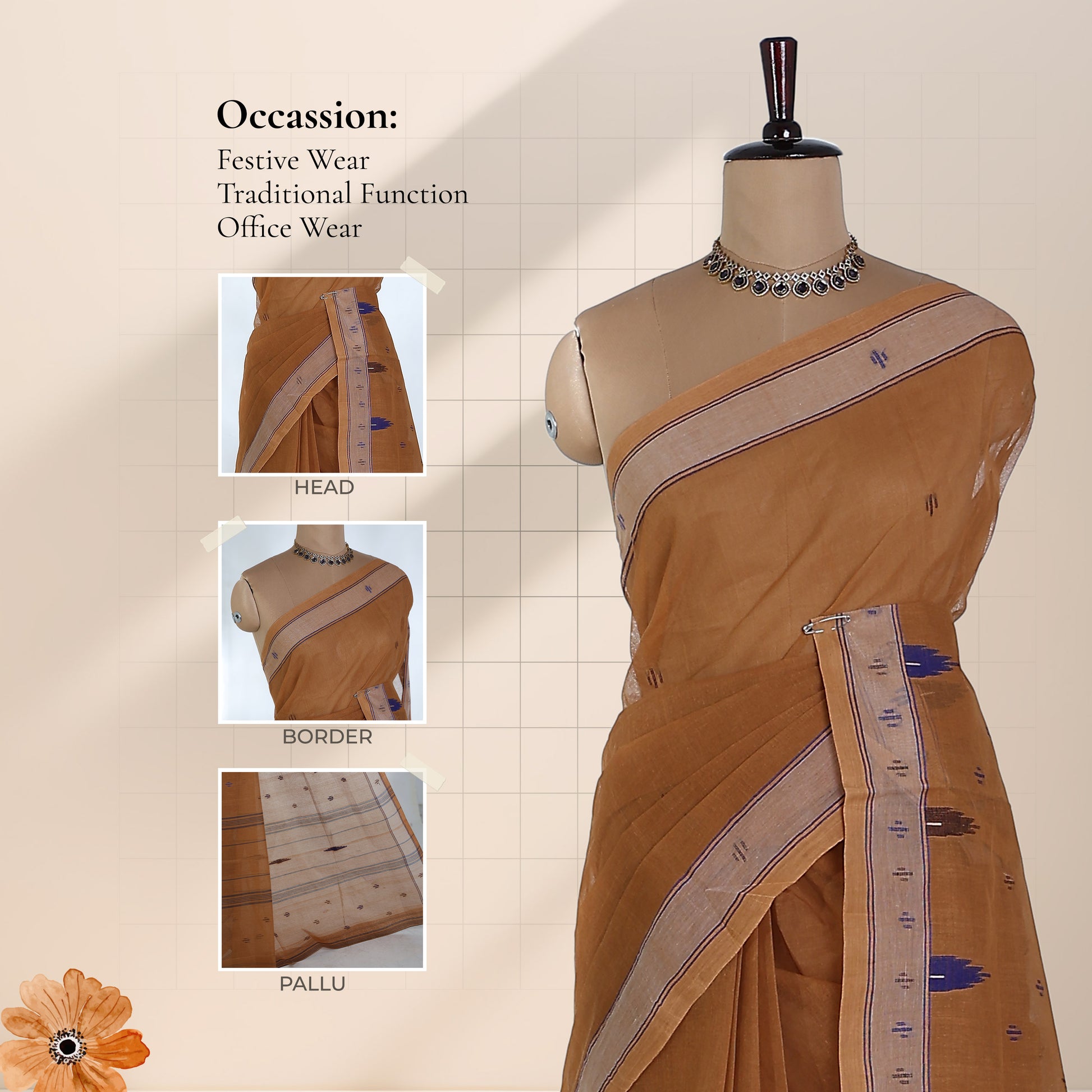 Bengal Cotton Saree With Woven Butta Motifs And Contrast Border In  Brown Draped Front View