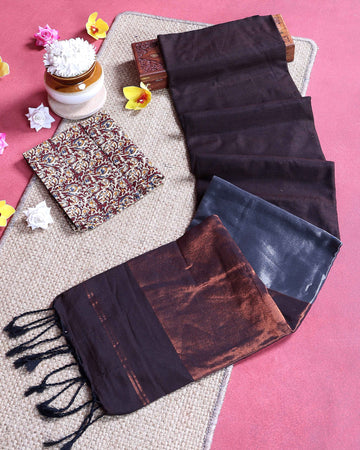 Handloom Traditional Khadi Cotton Saree with Woven Border and Contrast Printed Blouse Piece - Dark Brown