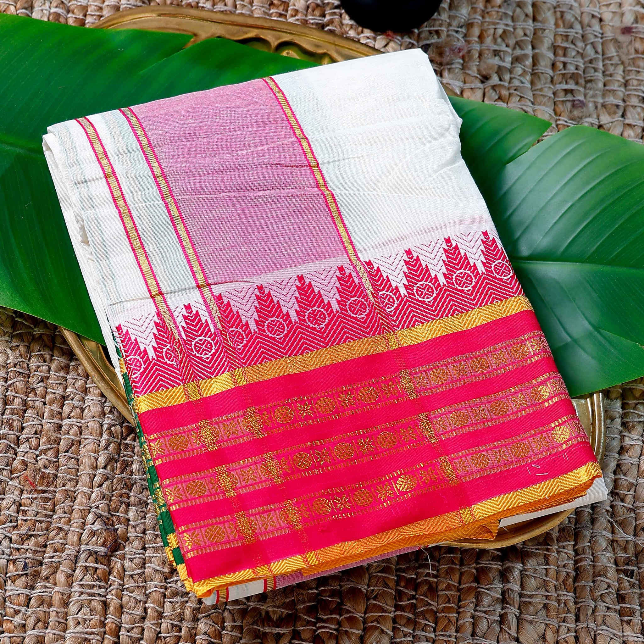 Men’s Cotton Dhoti with Pink Colour Border - White
