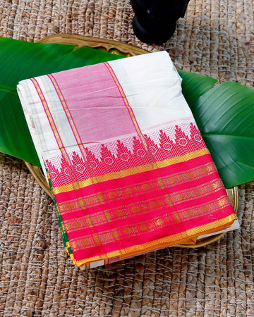 Men’s Cotton Dhoti with Pink Colour Border - White