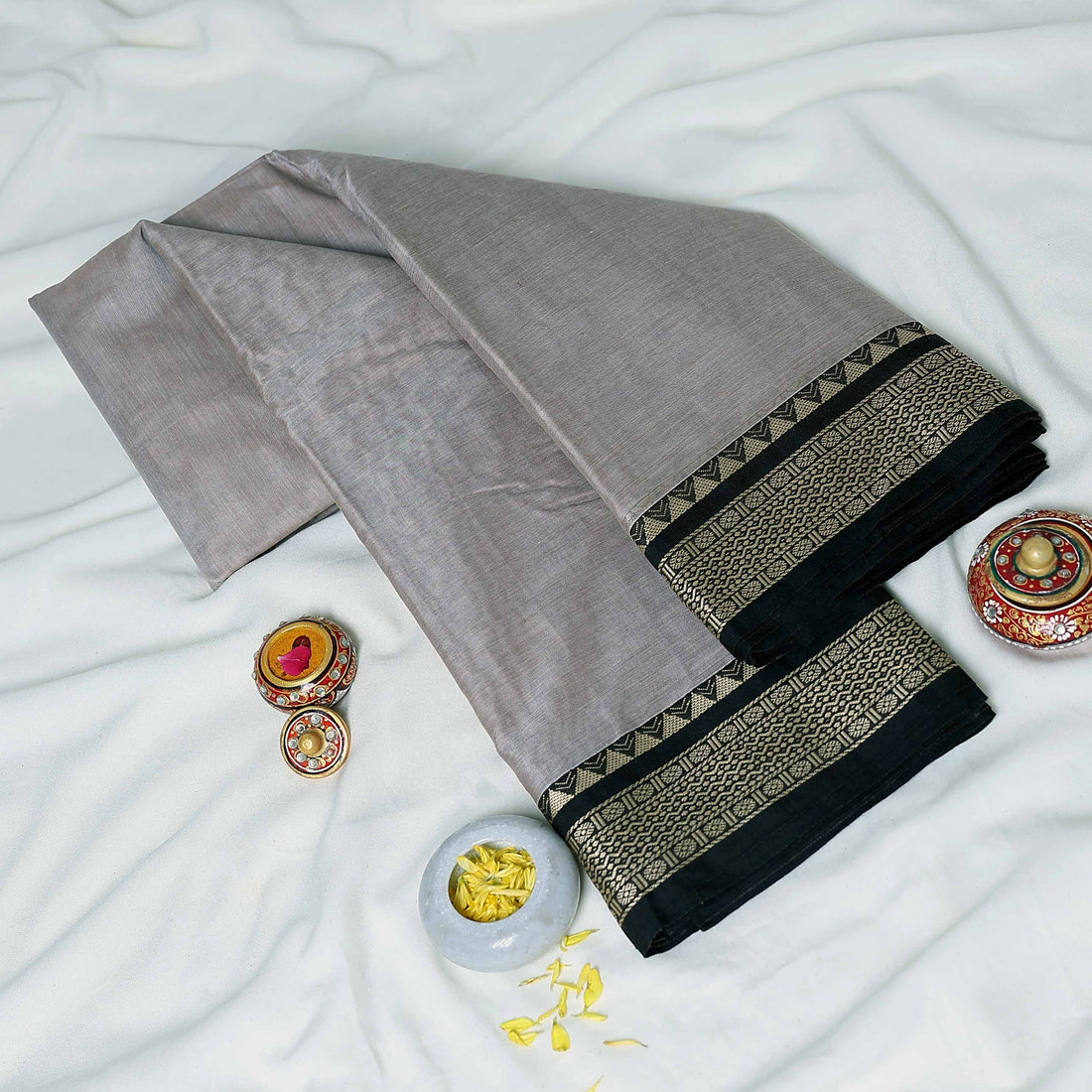 Grey Mangalagiri Cotton Saree for Women | Festive Summer Collection | Jeyachandran - Full View