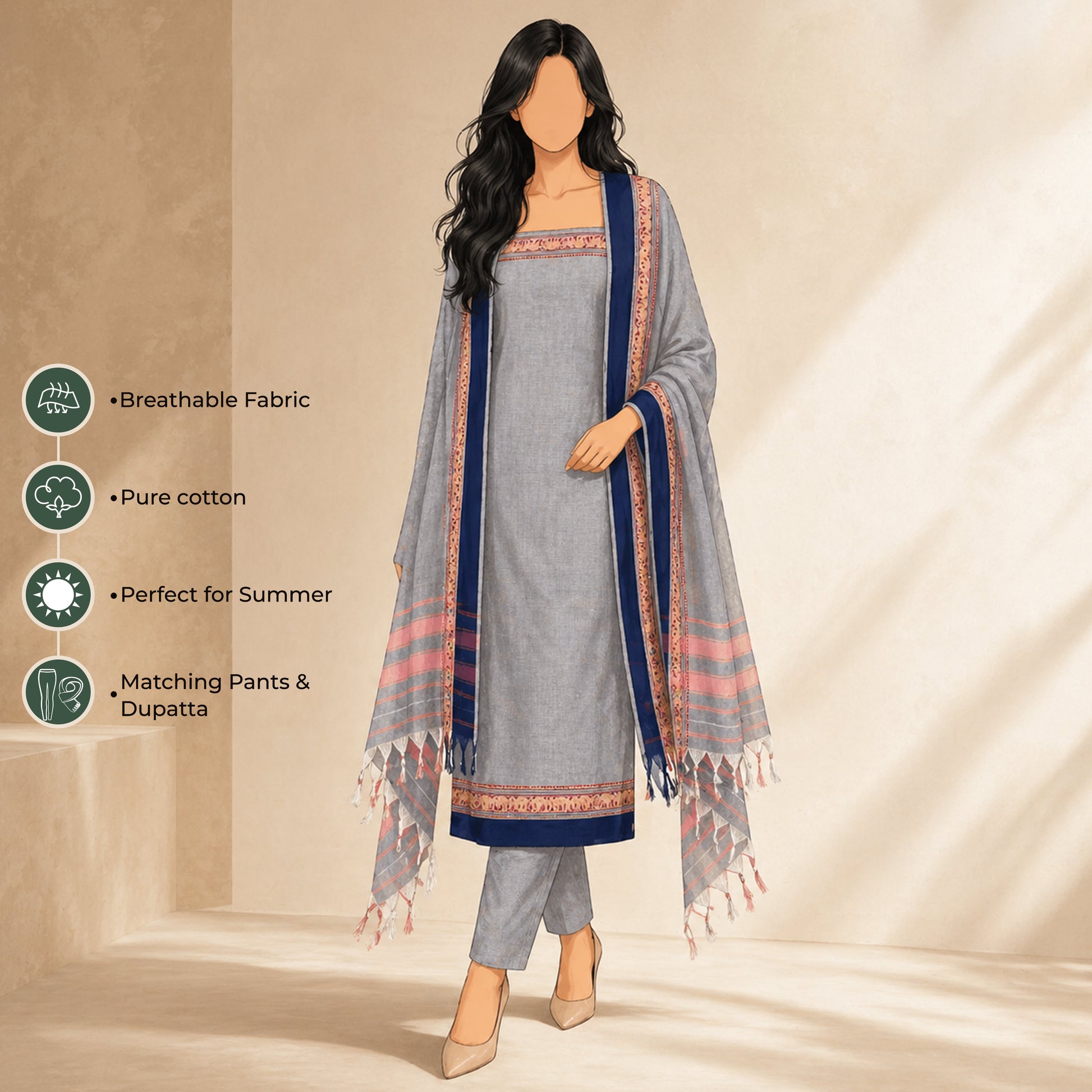 Women's Pure Cotton Salwar Material In Grey With Matching Pants And Dupatta - Front View