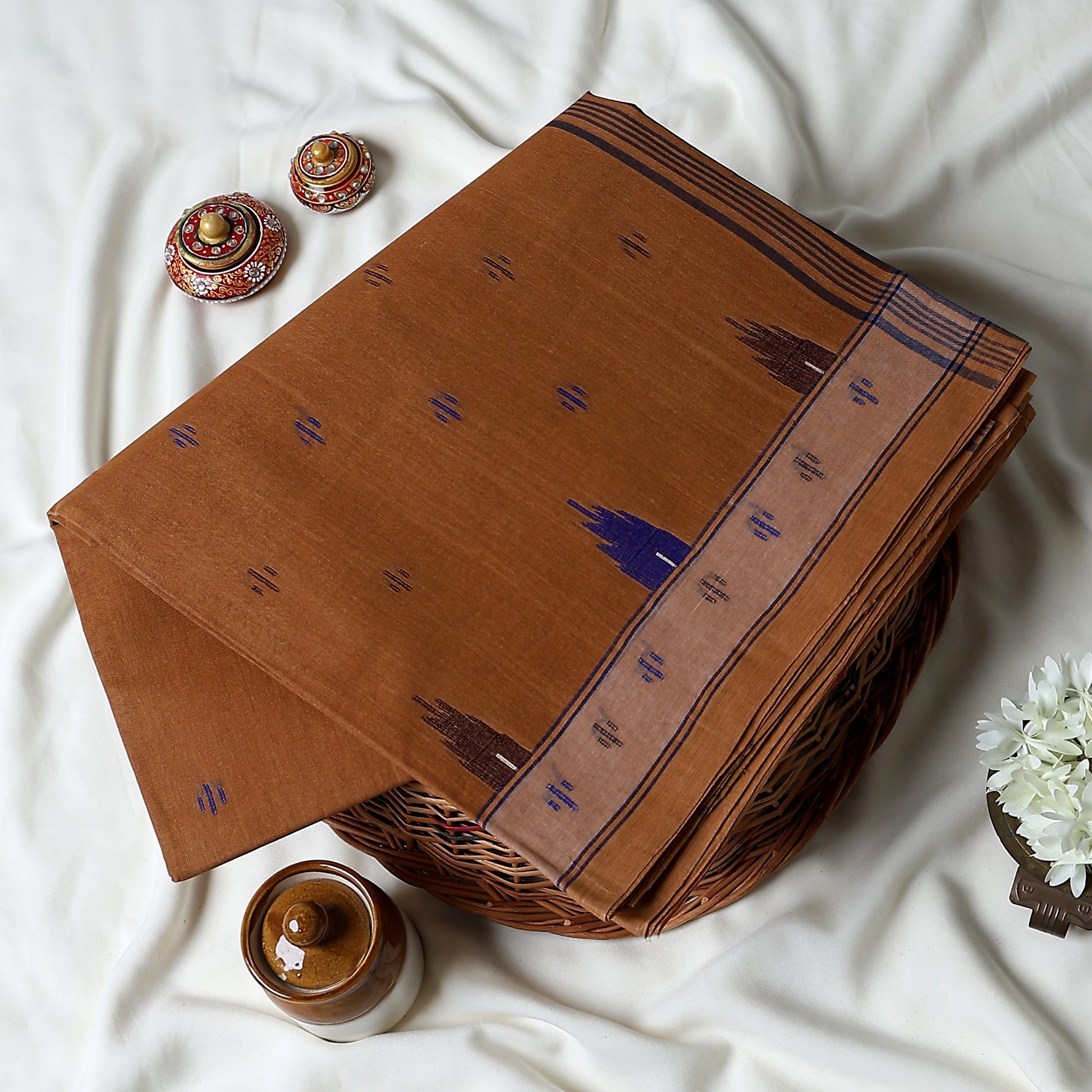 Bengal Cotton Saree With Traditional Woven Motifs And Contrast Border In  Brown Folded Front View