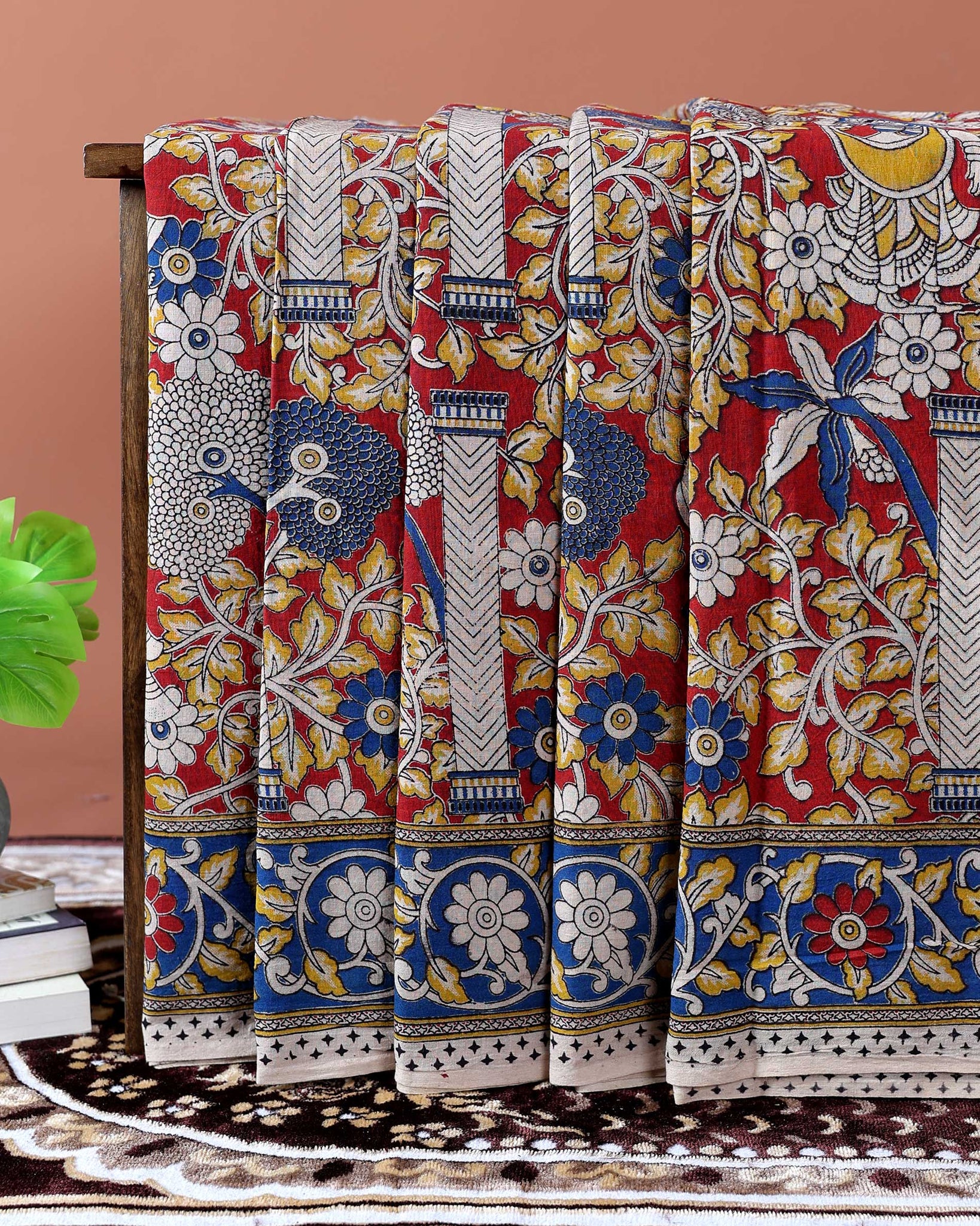 Hand-Painted Kalamkari Cotton Saree with Traditional Floral  Motifs - Red