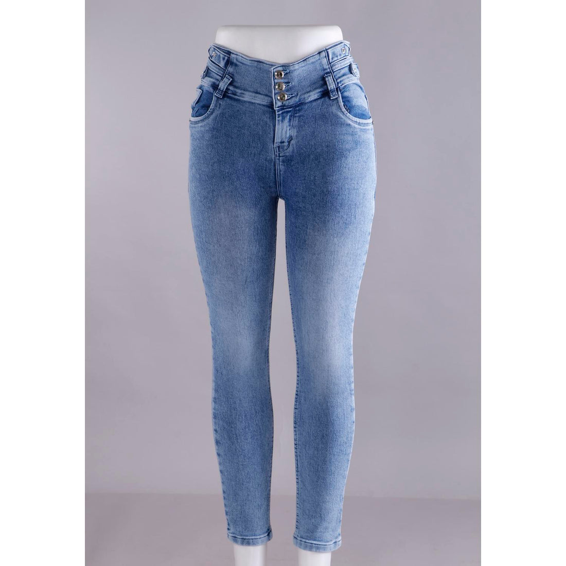 Women Blue Pencil Cut  Button Jeans
