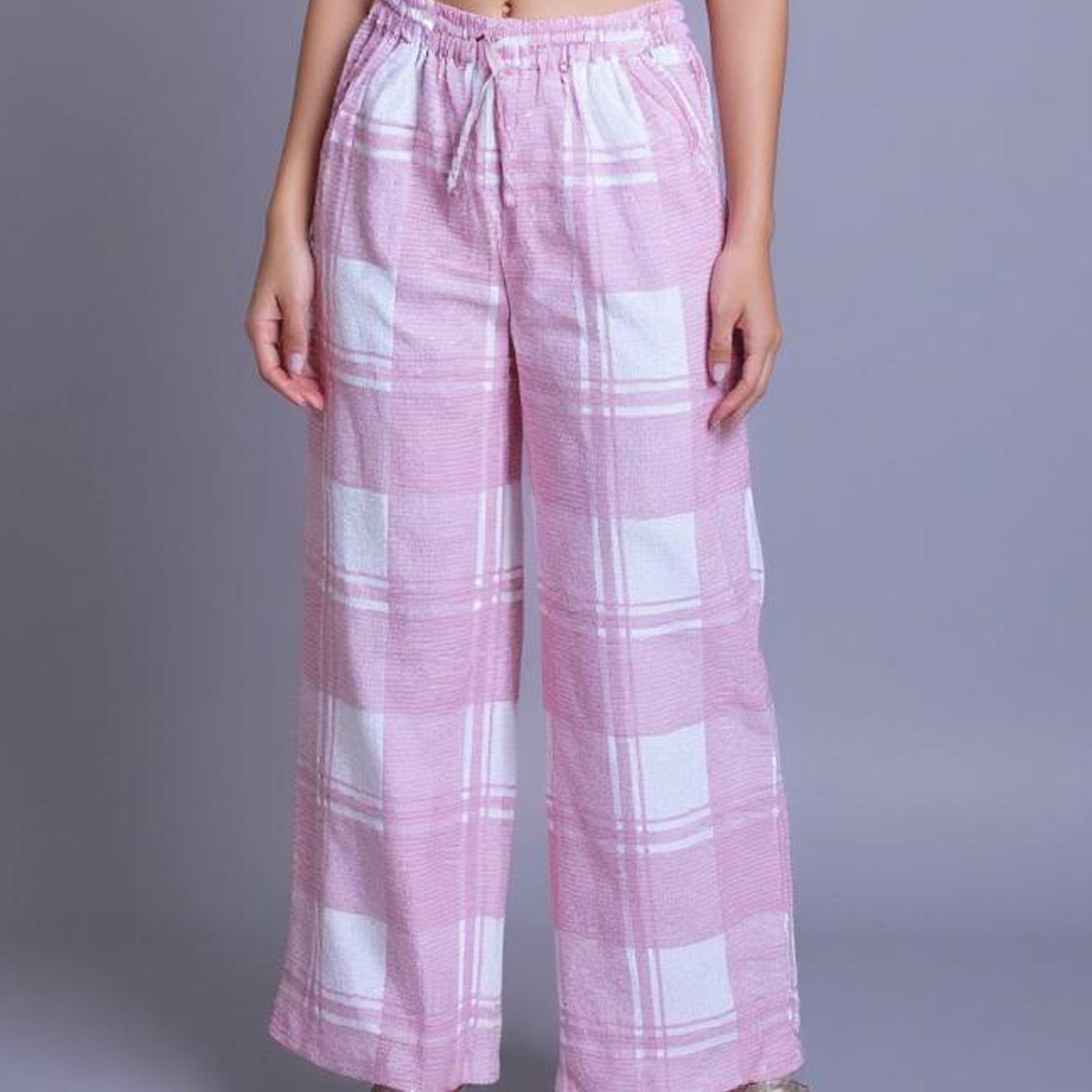 Checked Drawstring Wide-Leg Palazzo Pant - Pink
