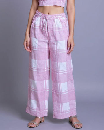 Checked Drawstring Wide-Leg Palazzo Pant - Pink