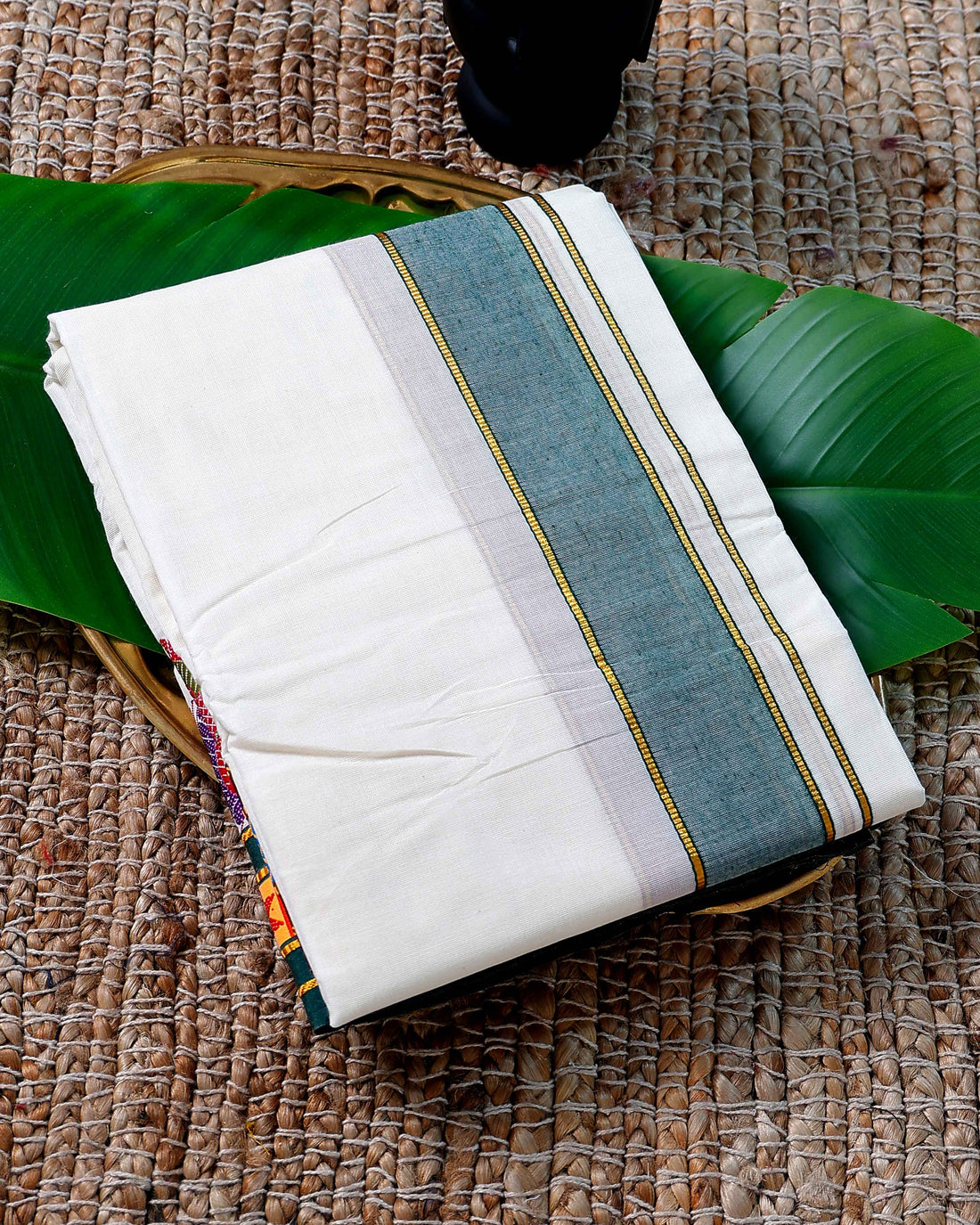 Men’s Cotton Dhoti with Green Colour Border - White