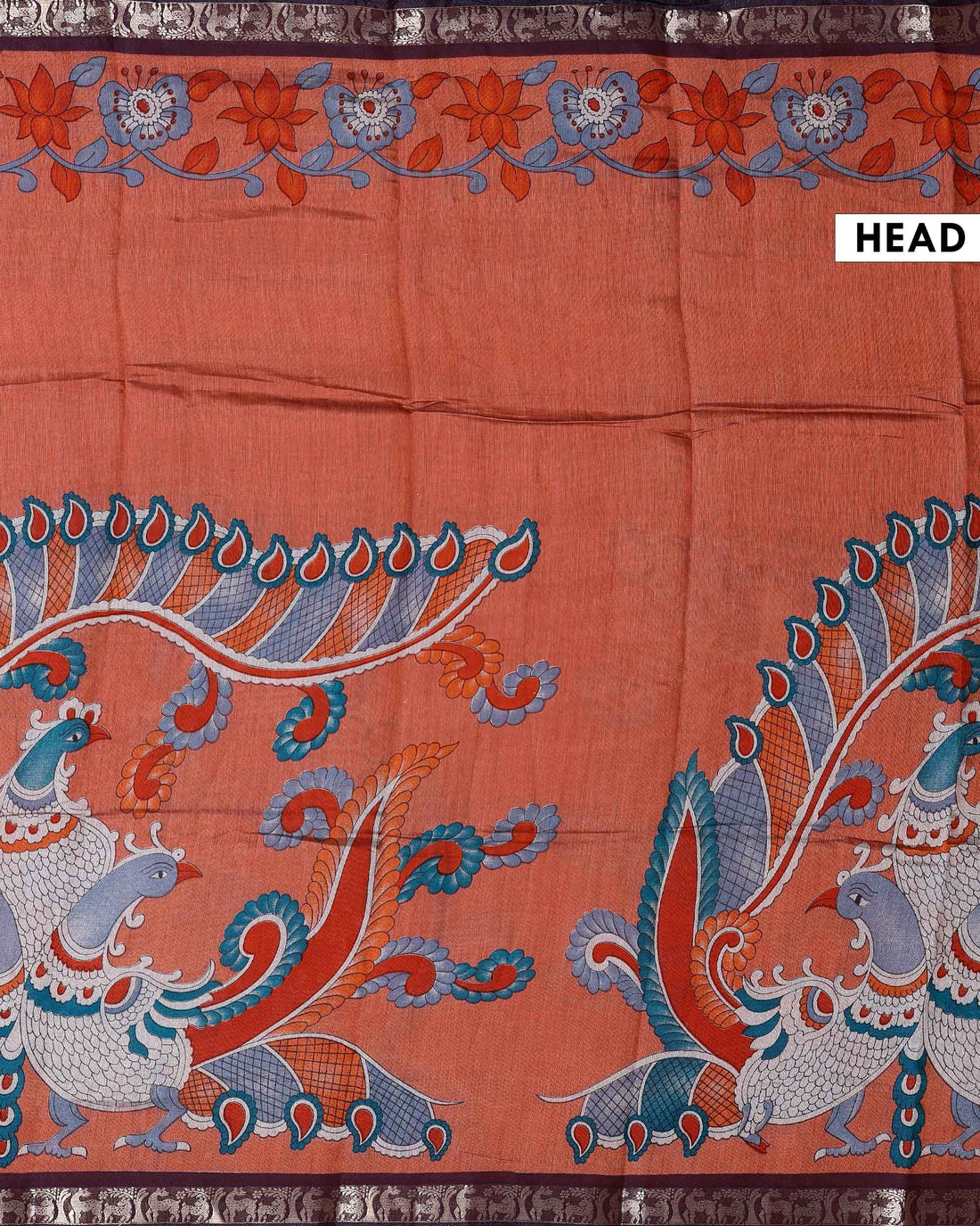 Elegant Semi Chanderi Saree with a Half Plain and Half Kalamkari Inspired Body and a Zari Border - Orange