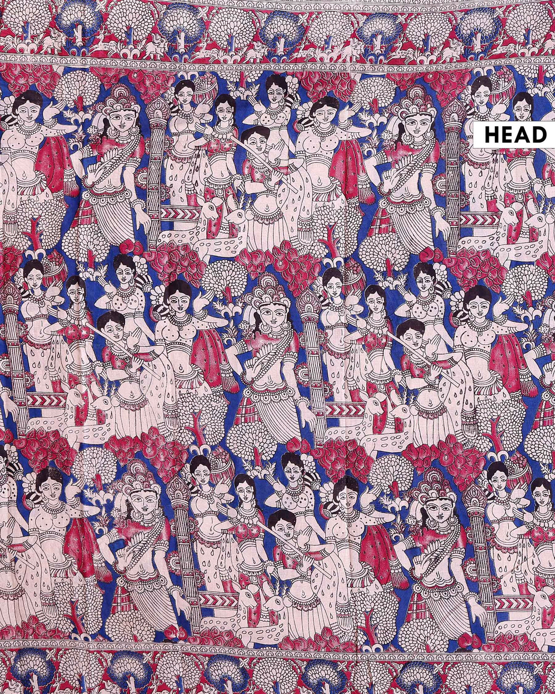 Traditional Hand-Painted Kalamkari Cotton Saree with Traditional Narrative Motifs - Blue