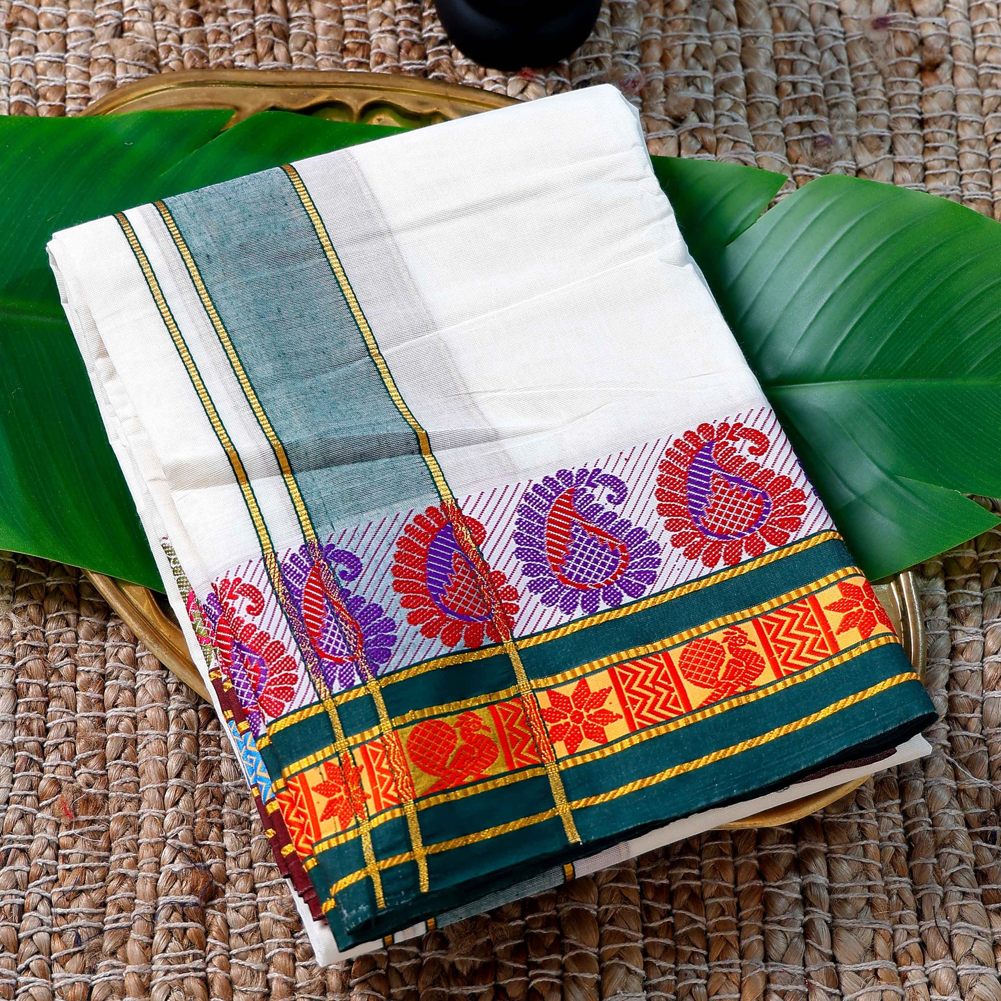 Men’s Cotton Dhoti with Green Colour Border - White