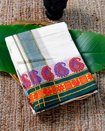 Men’s Cotton Dhoti with Green Colour Border - White