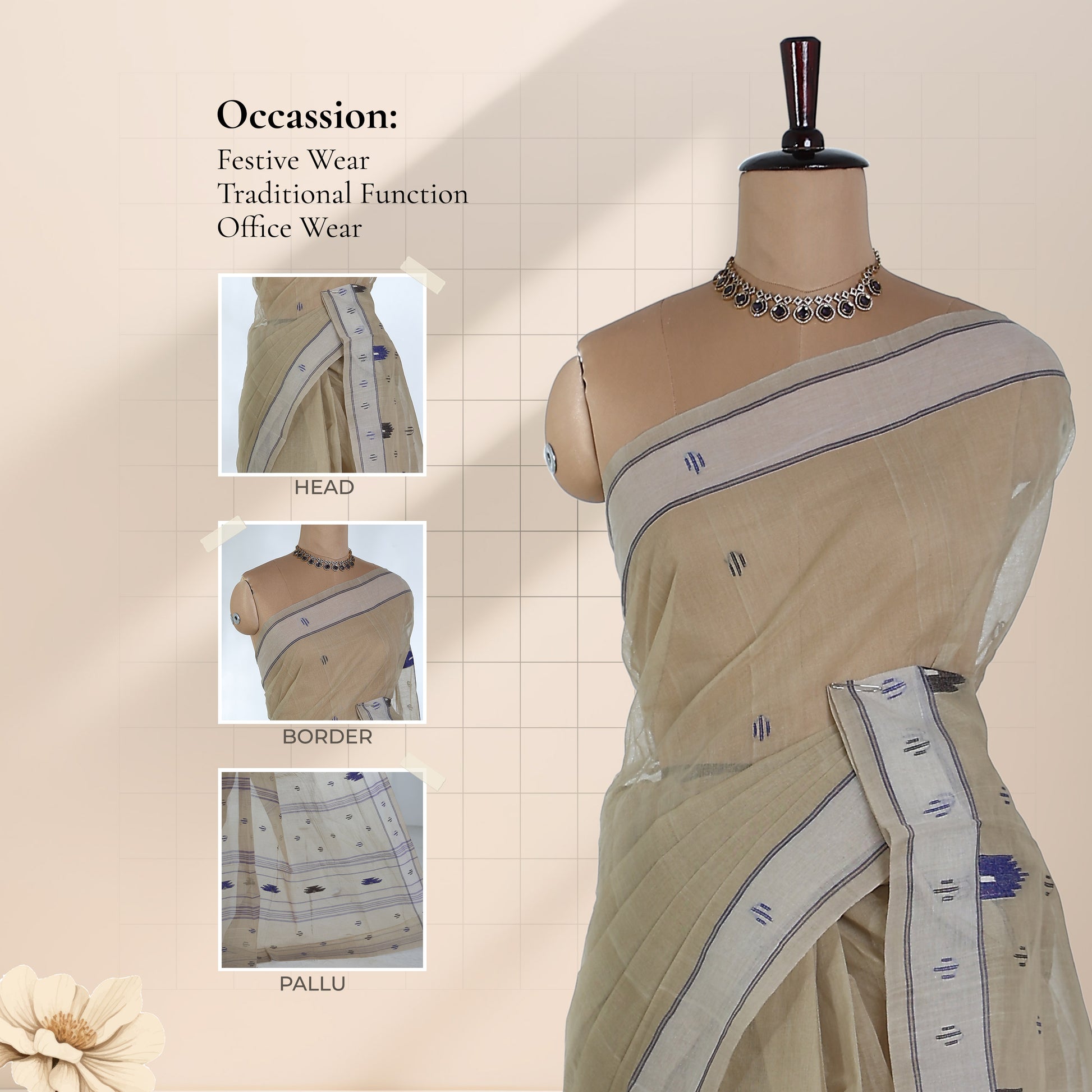 Bengal Cotton Saree With Woven Butta Motifs And Contrast Border In  Beige Draped Front View