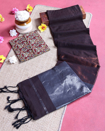 Traditional Khadi Cotton Saree with Woven Border and Contrast Printed Blouse Piece - Dark Brown