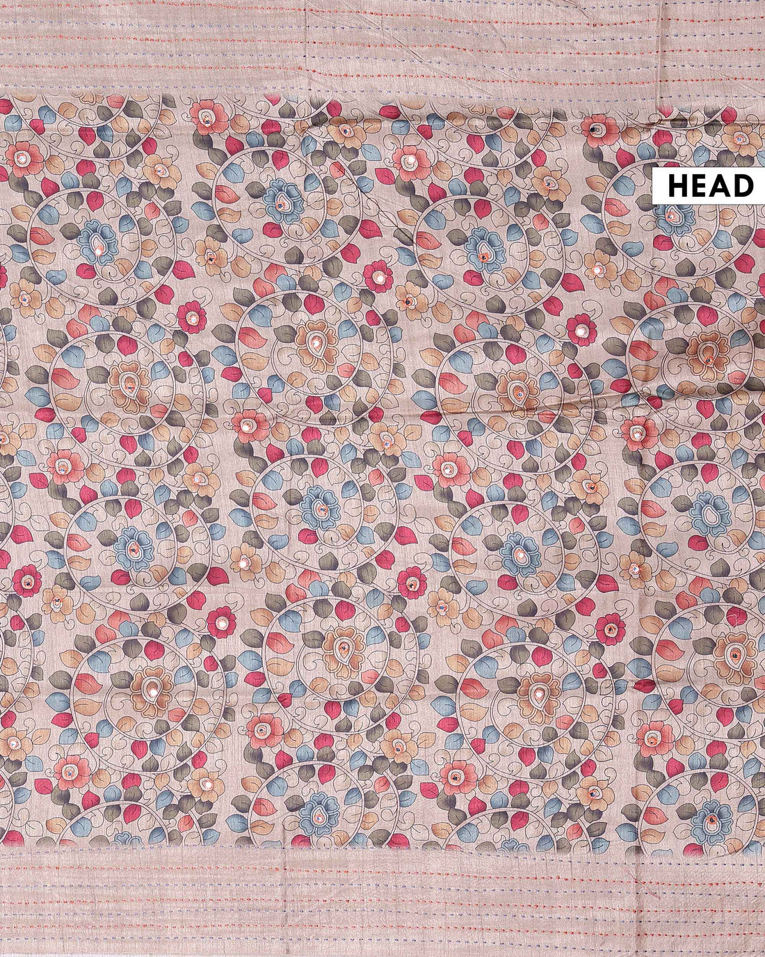 Elegant Floral & Vine Print Semi Tussar Saree with Intricate Circular Motifs and Woven Border – Light Brown