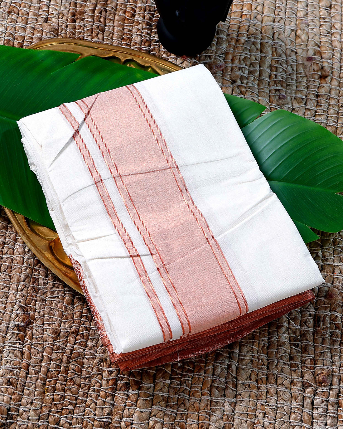 Men’s Cotton Dhoti with Copper Colour Border - White