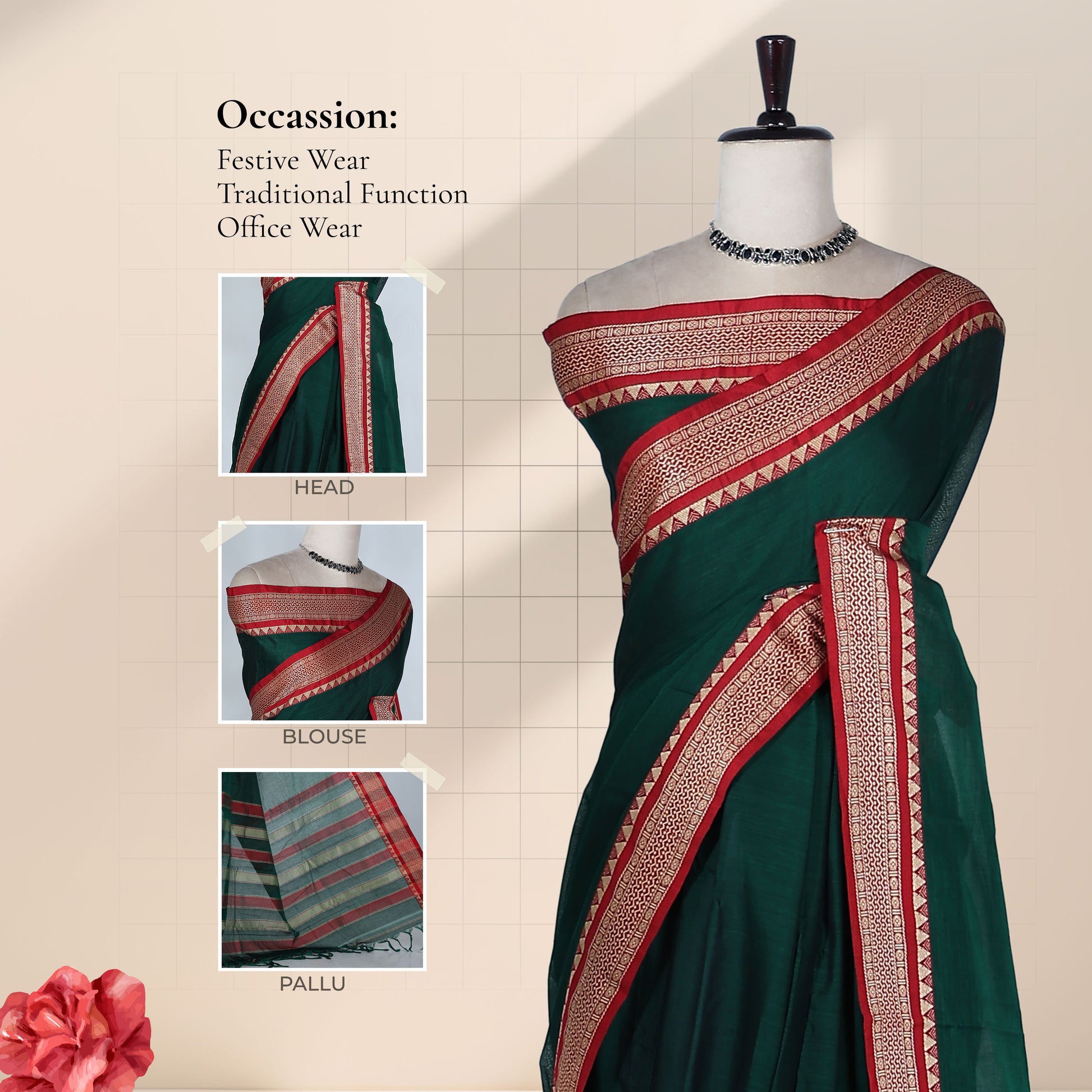 Dark Green Mangalagiri Cotton Saree With Traditional Woven Border And Striped Pallu-Front View 