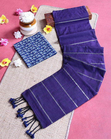 Handloom Khadi Cotton Saree with Woven Stripe Border and Contrast Printed Blouse Piece - Dark Purple