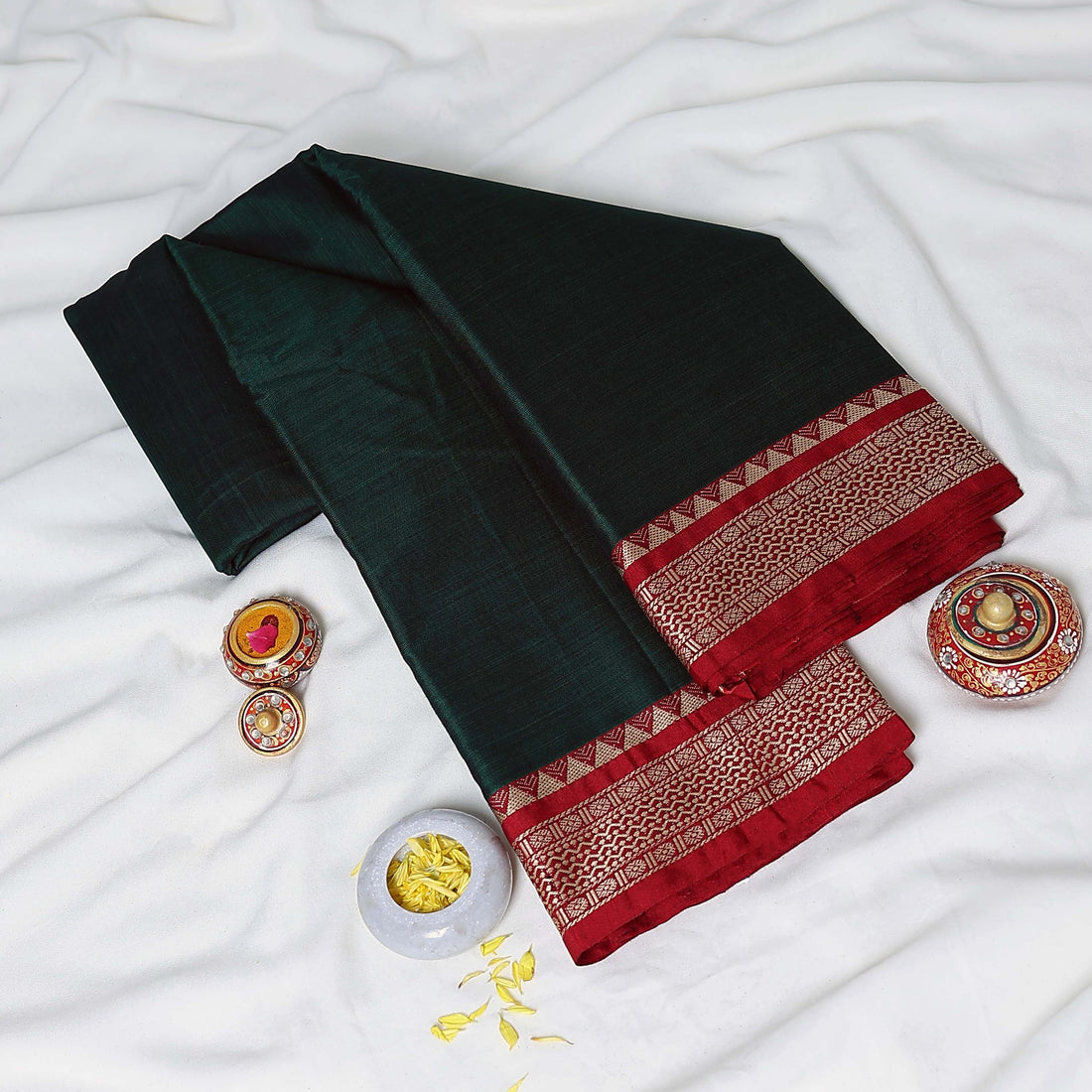 Dark Green Mangalagiri Cotton Saree for Women | Festive Summer Collection | Jeyachandran - Full View