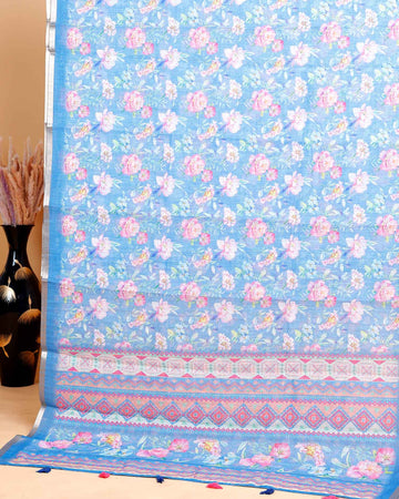 Ethnic Blue Linen saree with Multi-color Paisley and Floral Design