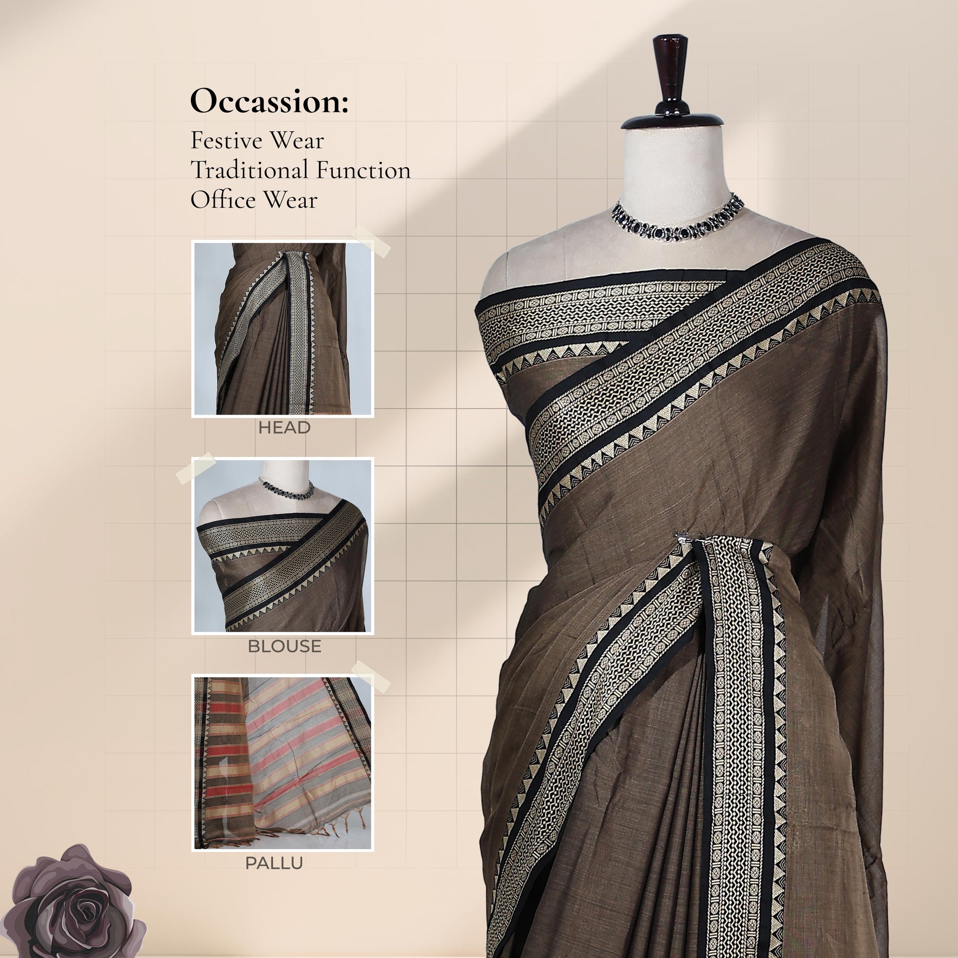 Brown Mangalagiri Cotton Saree With Traditional Woven Border And Striped Pallu-Front View 