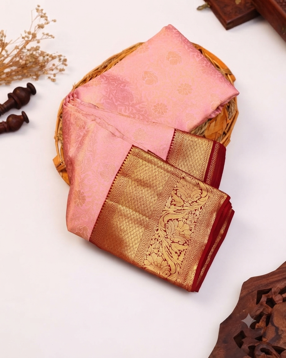 Kanchipuram Pure Silk Saree with Intricate Zari Border and Traditional Motifs - Pink